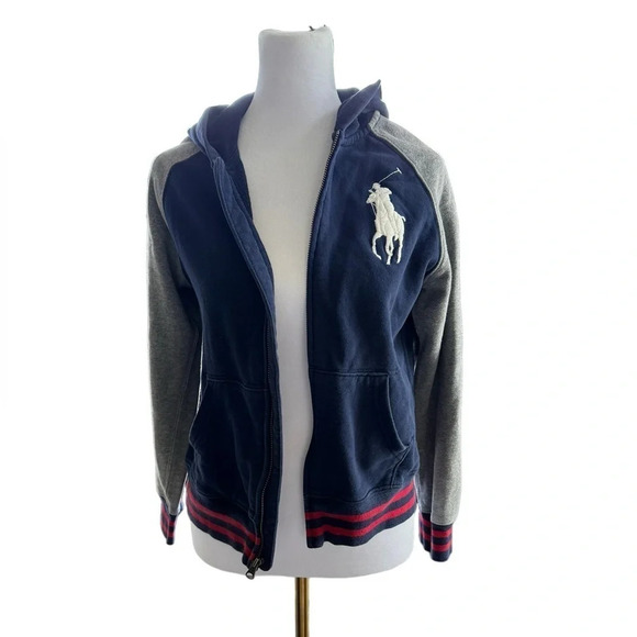 Ralph Lauren Polo Zip Hoodie Big Pony Logo Navy and Gray Youth Medium 10/12 - Picture 1 of 7